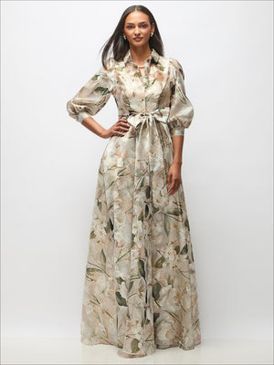 Floral metallic organza shirt dress with sash, puff sleeves, full maxi skirt