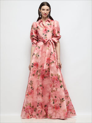 Pink floral organza maxi shirt dress with tie sash, long sleeves, buttoned bodice