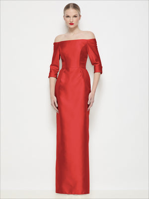 Off-the-shoulder satin maxi dress, red, 3/4 sleeves, fitted column silhouette
