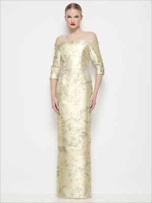 Off-the-shoulder satin floral maxi dress in butter yellow, 3/4 sleeves, column skirt