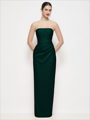 Hunter green strapless corset maxi dress with asymmetric drop waist and column skirt