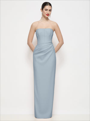 Powder blue strapless corset maxi dress with ruched waist and column skirt