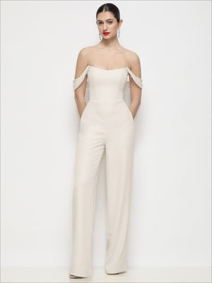 Off-the-shoulder basque crepe wide-leg jumpsuit, cream with off-shoulder drape