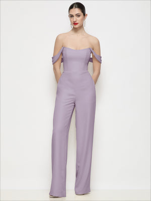 Off-the-shoulder basque crepe wide-leg jumpsuit, lavender with basque waist panel