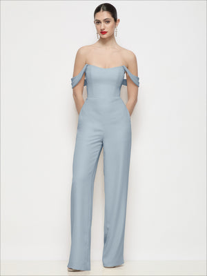 Off-the-shoulder crepe formal jumpsuit in light sage, straight neckline and wide-leg trousers