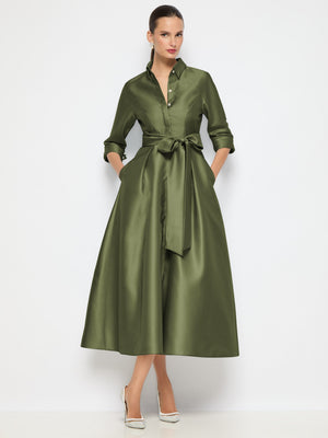 Olive satin midi shirt dress with 3/4 sleeves, waist sash, jeweled buttons