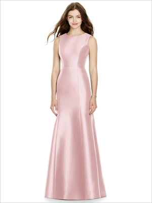 Blush pink satin bridesmaid dress, sleeveless fitted bodice and scoop neck, A-line hem
