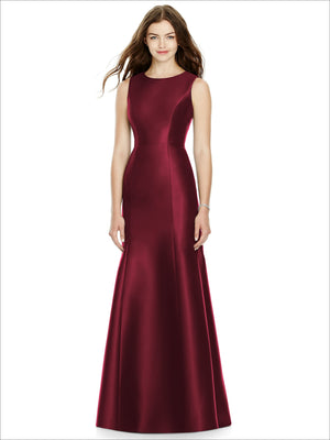 Sleeveless satin bridesmaid dress in deep burgundy, scoop neck, flared skirt