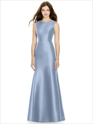 Satin bridesmaid dress in periwinkle blue, sleeveless high neckline, fitted A-line silhouette