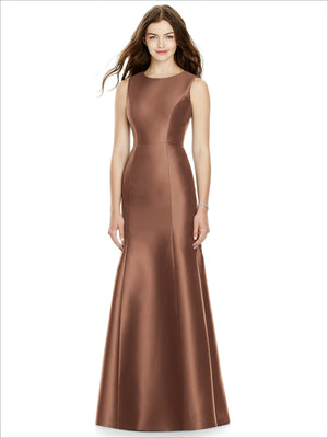 Sleeveless bridesmaid dress in dark brown with fitted bodice and full A-line skirt