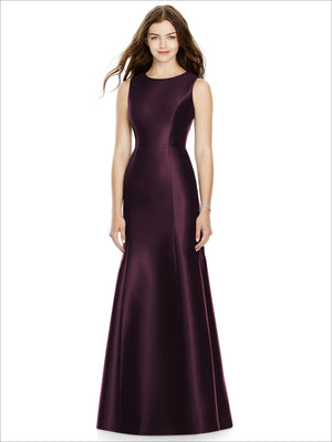 Bridesmaids dress BB106 in deep plum satin, sleeveless, fitted waist, full skirt