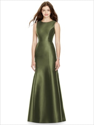 Sleeveless satin bridesmaid dress in olive green, scoop neck, flared skirt