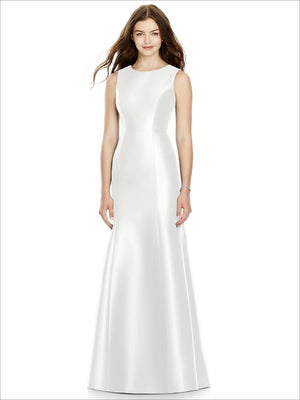 Sleeveless bridesmaid dress in white with fitted bodice and full A-line skirt