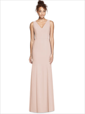 V-neck sleeveless bridesmaid dress in blush pink, long column skirt