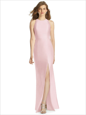 Bridesmaid dress in pink, sleeveless high neck, front slit, full-length