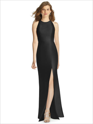 Black satin halter bridesmaid dress with high neckline and front thigh slit