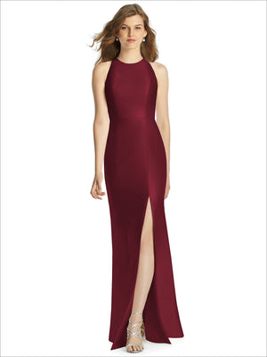 Bella bridesmaid dress BB121 in burgundy, sleeveless high neck with front slit