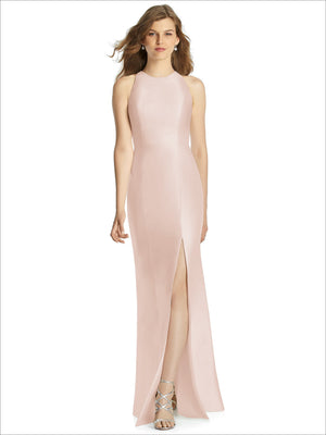 Sleeveless bridesmaid dress in pale blush satin with high neckline and front slit