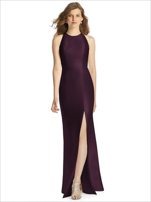 Plum purple sleeveless bridesmaid dress with high neckline and thigh-high slit skirt