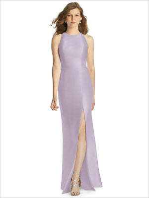 Lilac satin halter bridesmaid dress with high neckline and front thigh slit
