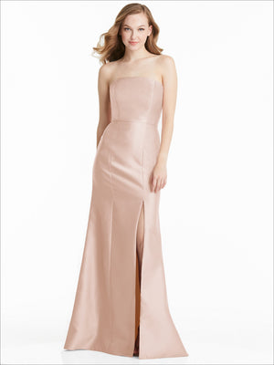 Strapless bridesmaid dress in pale pink satin with front slit and empire neckline