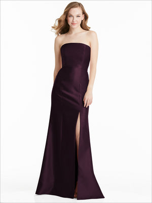 Strapless burgundy bridesmaid dress with fitted waist and front slit seam