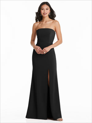 Strapless bridesmaid dress in black with fitted bodice and front slit skirt