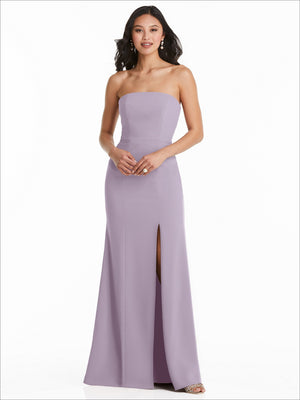 Strapless bridesmaids dress BB134 in lilac, front slit maxi