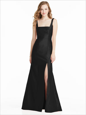 Sleeveless black bridesmaids dress with square neckline and side slit