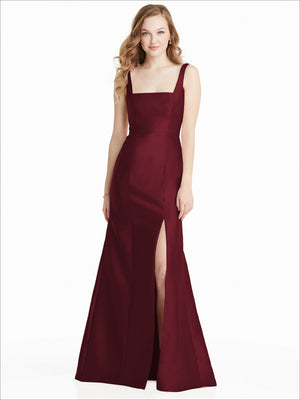 Burgundy satin bridesmaid dress with square neckline, sleeveless bodice, front slit