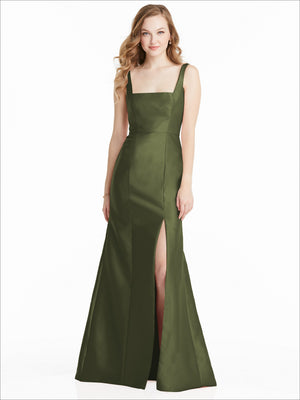 Sleeveless formal bridesmaid dress in olive green with square neckline and long front slit.