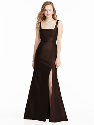 Sleeveless bridesmaids dress with square neckline, fitted bodice and front slit