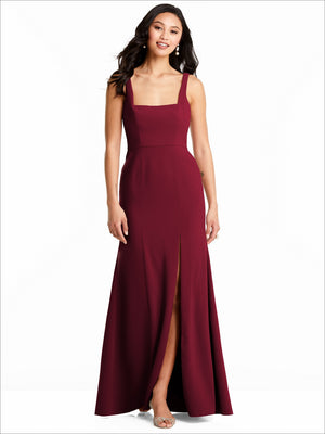 Sleeveless square-neck bridesmaid dress in deep burgundy with front slit and A-line skirt