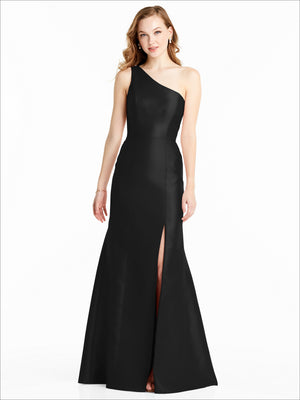 Black one-shoulder satin bridesmaid dress with front slit and floor-length skirt