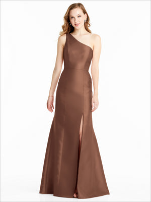 One-shoulder bridesmaids dress in dark brown with long skirt slit at front