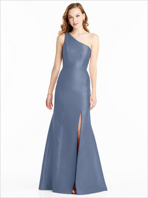 Blue one-shoulder bridesmaid dress with fitted bodice, mermaid silhouette, and front slit