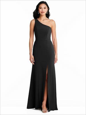 Black one-shoulder bridesmaid dress with side slit, sleeveless floor-length gown