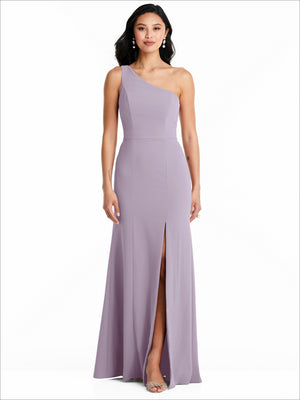 One-shoulder sleeveless bridesmaids dress, lavender with front slit, floor length