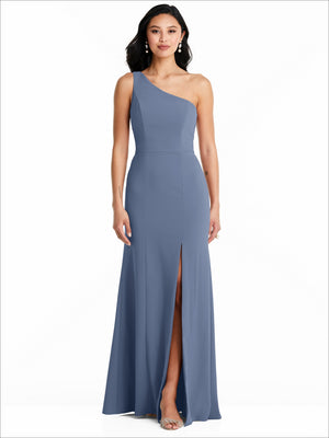 One-shoulder sleeveless bridesmaids dress, slate blue with front slit, floor length