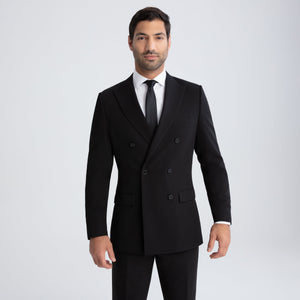 Black double-breasted suit jacket with notch lapels and front buttons