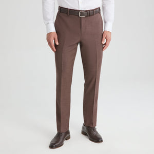 Brown linen-look suit pants with belt loops and front crease