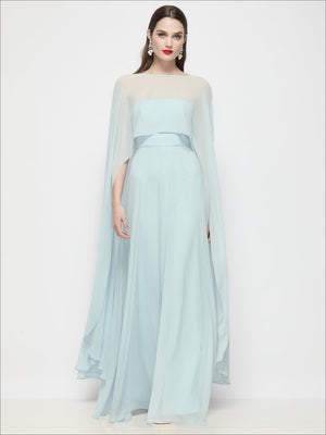 Sheer chiffon cape in mint green with flowing drape and high-low hem