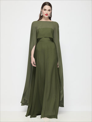 Sheer chiffon high-low cape in olive green, front view with long sleeves and airy drape.