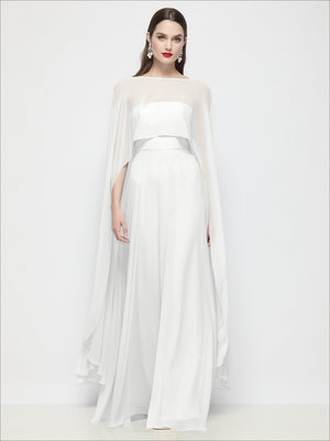 High-low sheer chiffon cape in white, draped over a long dress
