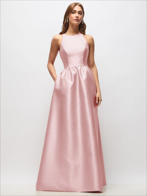 Light rose pink sleeveless satin maxi dress with scoop neckline and gathered waist