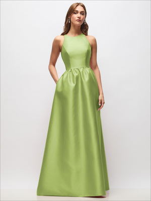 Lime green satin sleeveless maxi dress with keyhole back and gathered waistline