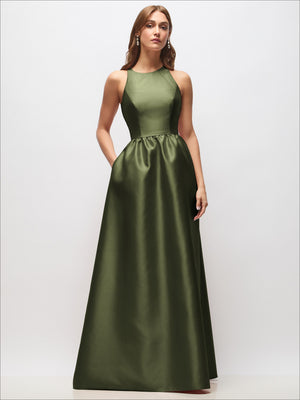 Olive green satin sleeveless maxi dress with keyhole back and gathered waist