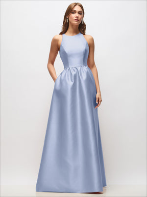 Light blue satin sleeveless maxi dress with gathered waist and full skirt