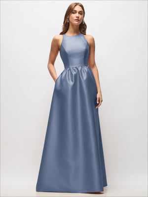 Light blue sleeveless satin maxi dress with fitted bodice and gathered waist skirt