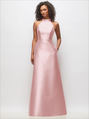 Pink satin high-neck dress with fitted waist and sleeveless bodice